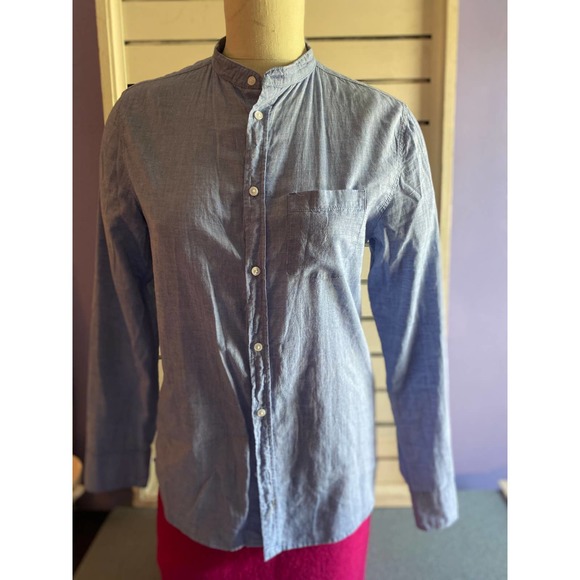 H&M button shirt Youth 14+ rounded collar long sleeves 3/4 roll up tab light - Picture 3 of 15